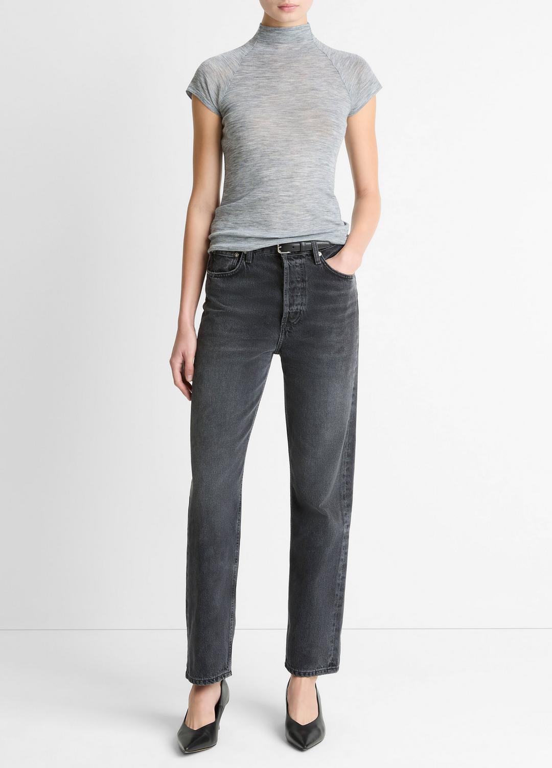 VINCE Wool Raglan Cap-Sleeve Mock-Neck Top in Short Sleeve