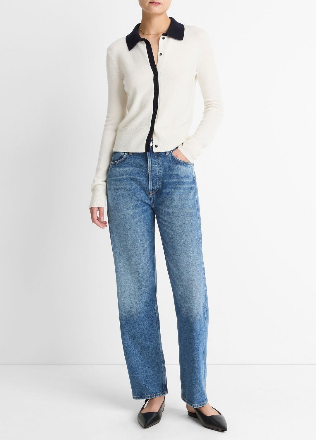 VINCE Contrast-Trim Wool & Cashmere-Blend Collared Cardigan in Cardigans