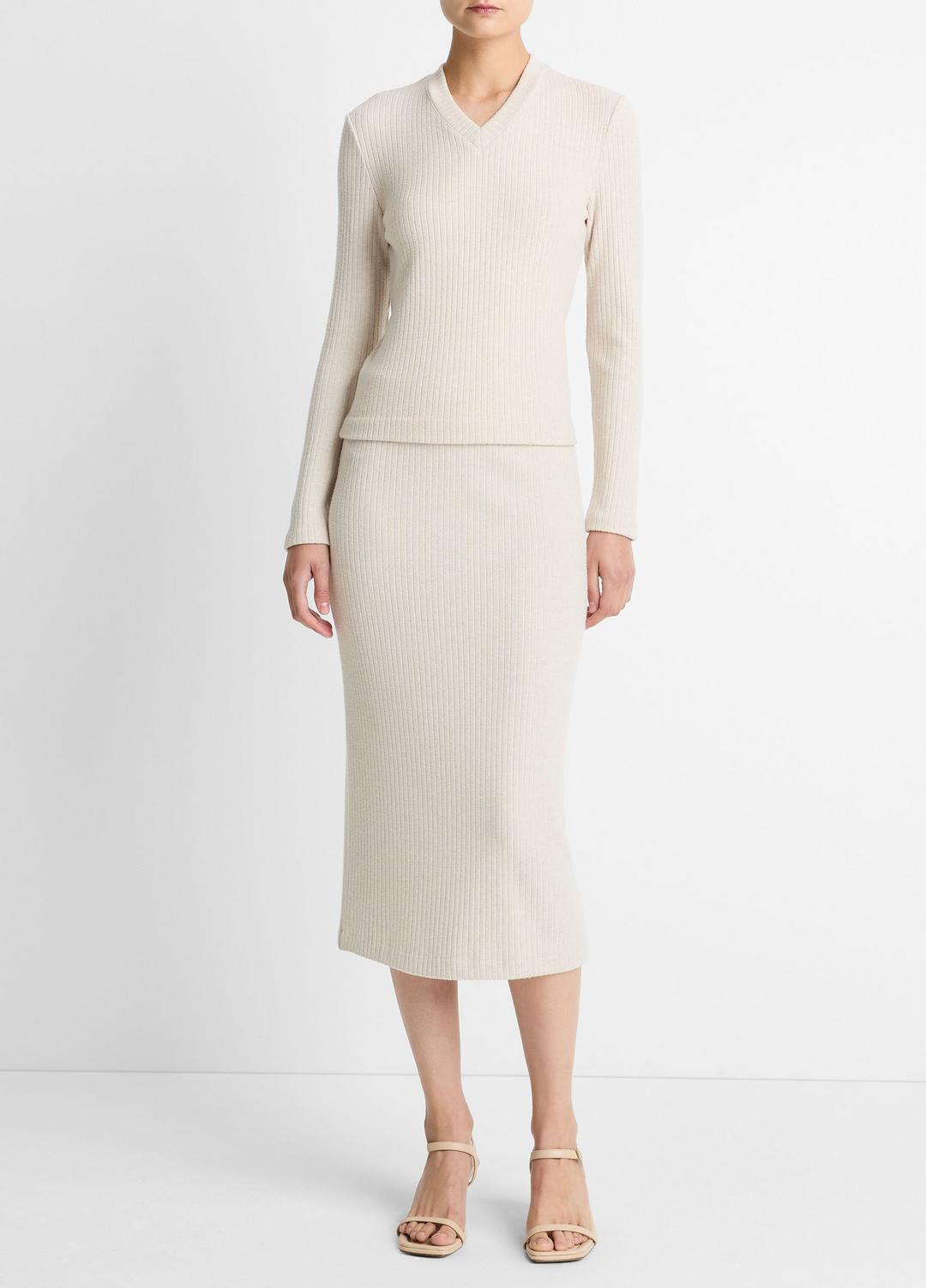 VINCE Cozy Rib High V-Neck Top in Long Sleeve