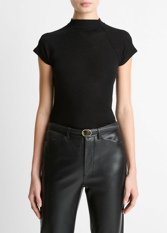 VINCE Wool Raglan Cap-Sleeve Mock-Neck Top in Short Sleeve