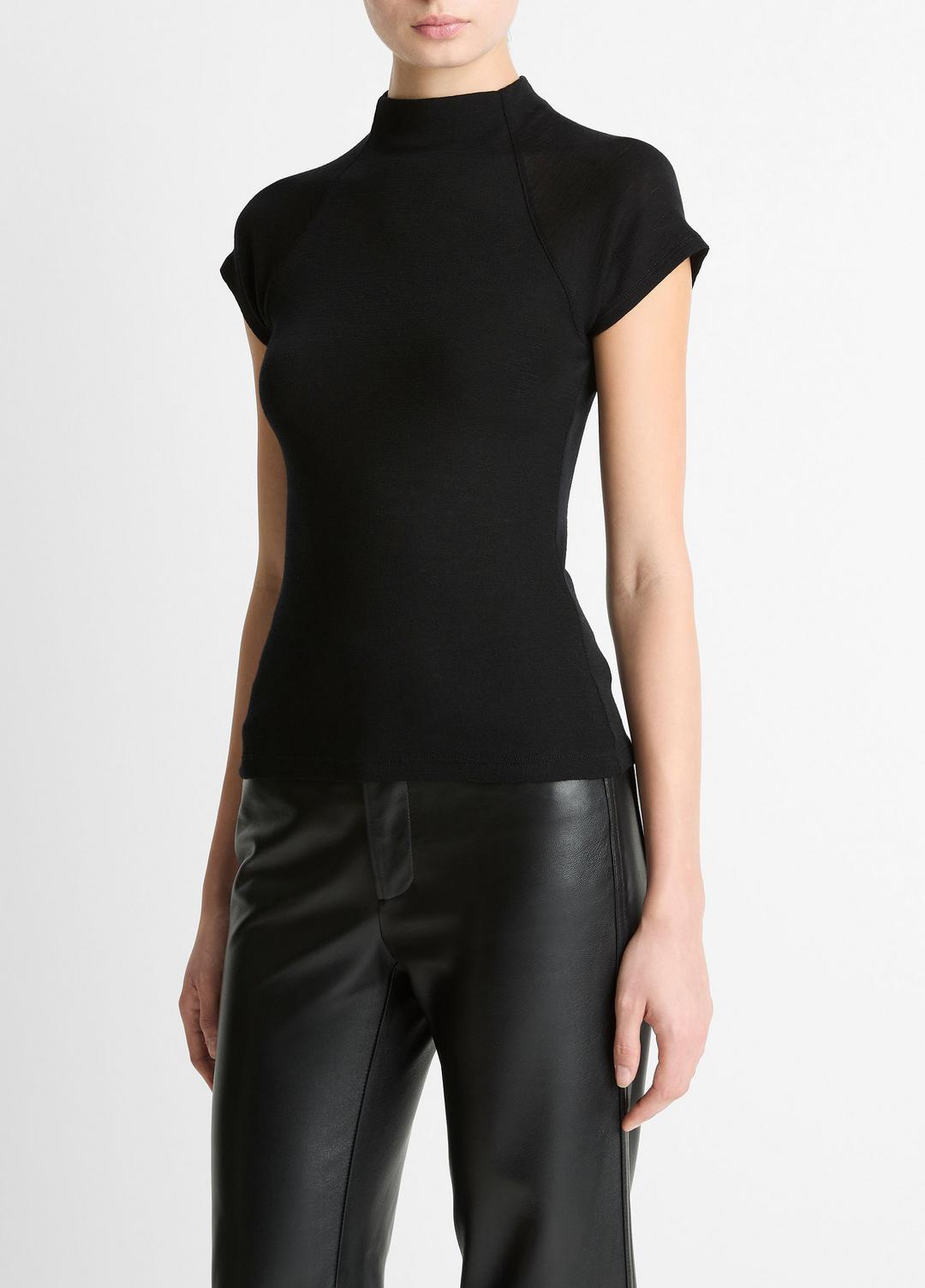VINCE Wool Raglan Cap-Sleeve Mock-Neck Top in Short Sleeve
