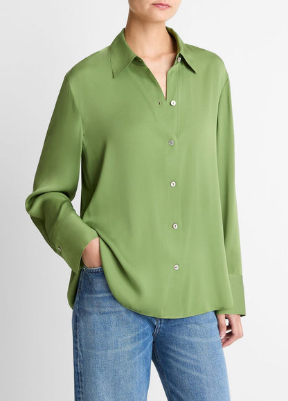 VINCE Stretch-Silk Button-Front Blouse in Long Sleeve