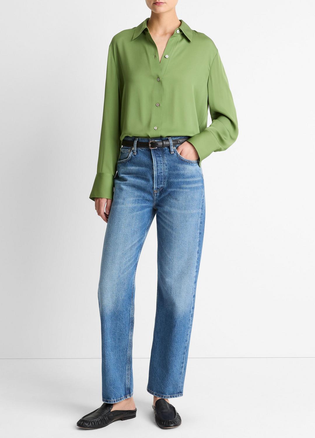 VINCE Stretch-Silk Button-Front Blouse in Long Sleeve