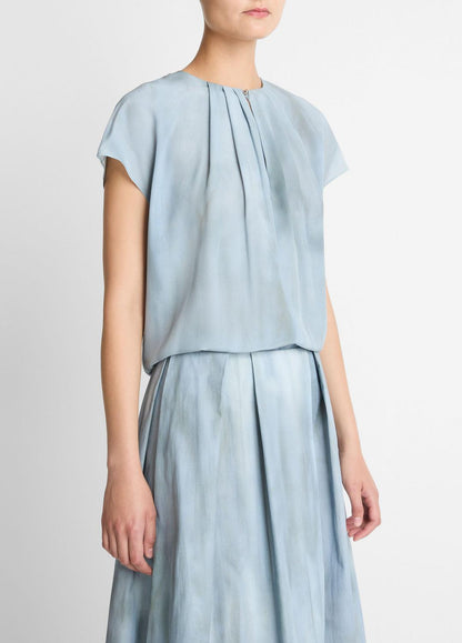 VINCE Washed Ombré Silk Gathered Cap-Sleeve Blouse in Short Sleeve