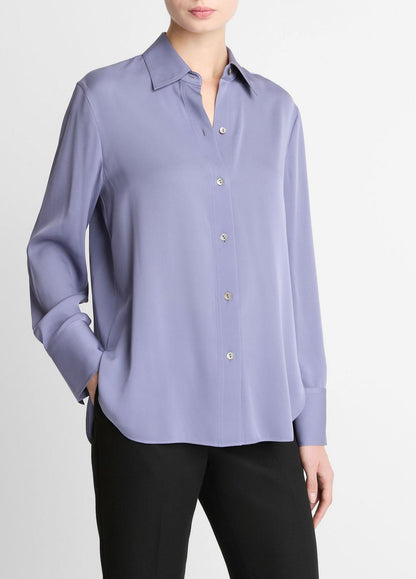 VINCE Stretch-Silk Button-Front Blouse in Long Sleeve