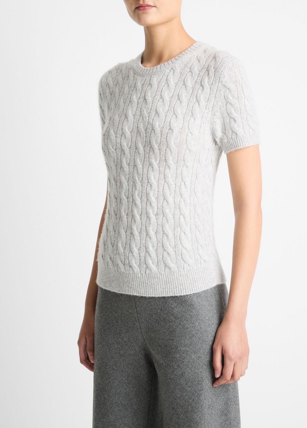 VINCE Cable-Knit Wool & Cashmere-Blend Short-Sleeve Sweater in Crew Neck
