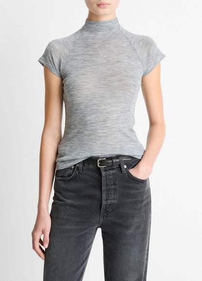 VINCE Wool Raglan Cap-Sleeve Mock-Neck Top in Short Sleeve