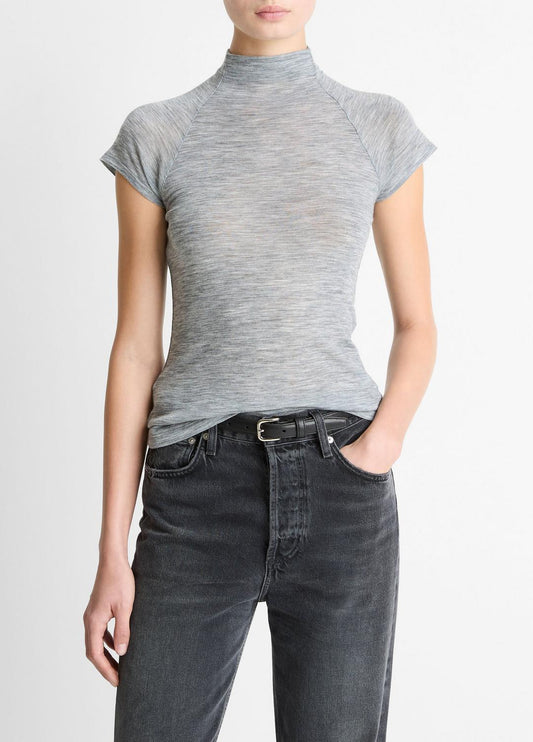 VINCE Wool Raglan Cap-Sleeve Mock-Neck Top in Short Sleeve
