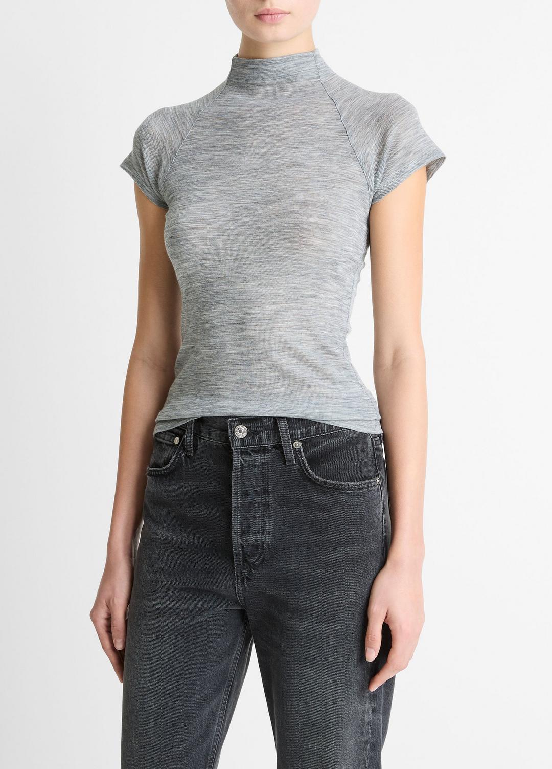 VINCE Wool Raglan Cap-Sleeve Mock-Neck Top in Short Sleeve