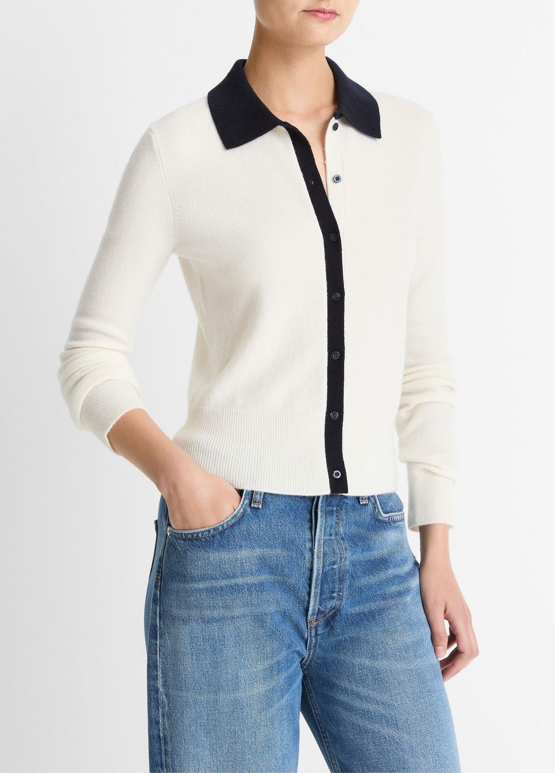 VINCE Contrast-Trim Wool & Cashmere-Blend Collared Cardigan in Cardigans