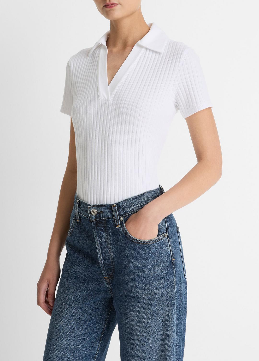 VINCE Ribbed Cotton-Blend Polo Shirt in Short Sleeve