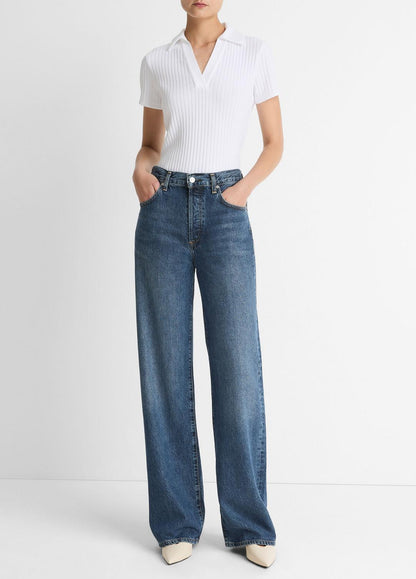 VINCE Ribbed Cotton-Blend Polo Shirt in Short Sleeve