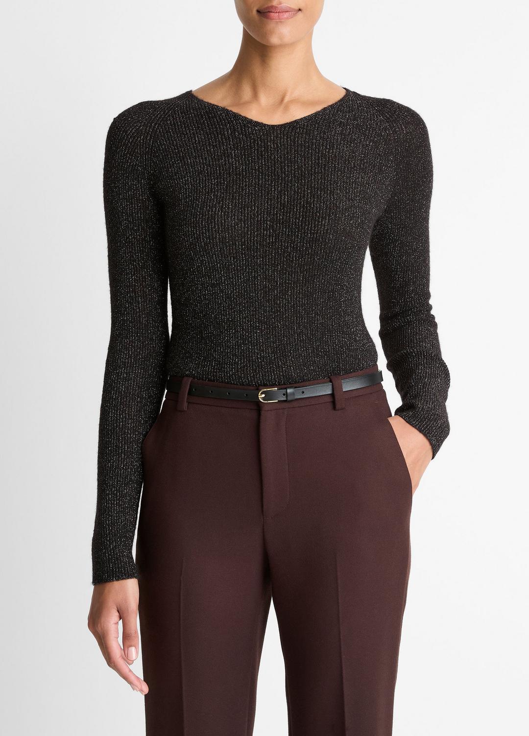 VINCE Metallic Ribbed High V-Neck Sweater in V-Neck