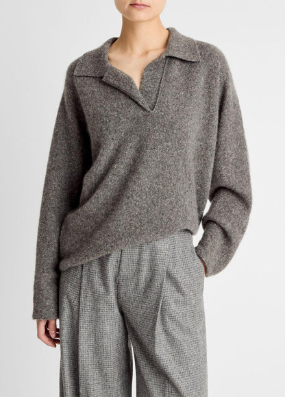 VINCE Donegal Plush Cashmere Dolman-Sleeve Polo Sweater in Cashmere