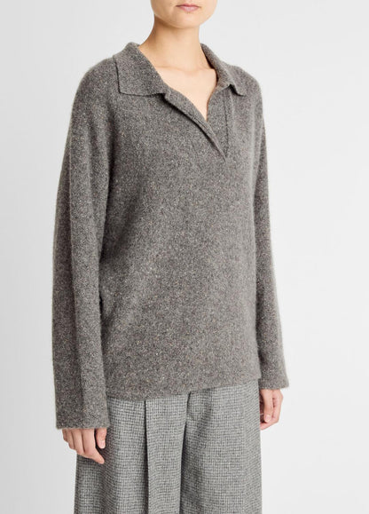 VINCE Donegal Plush Cashmere Dolman-Sleeve Polo Sweater in Cashmere