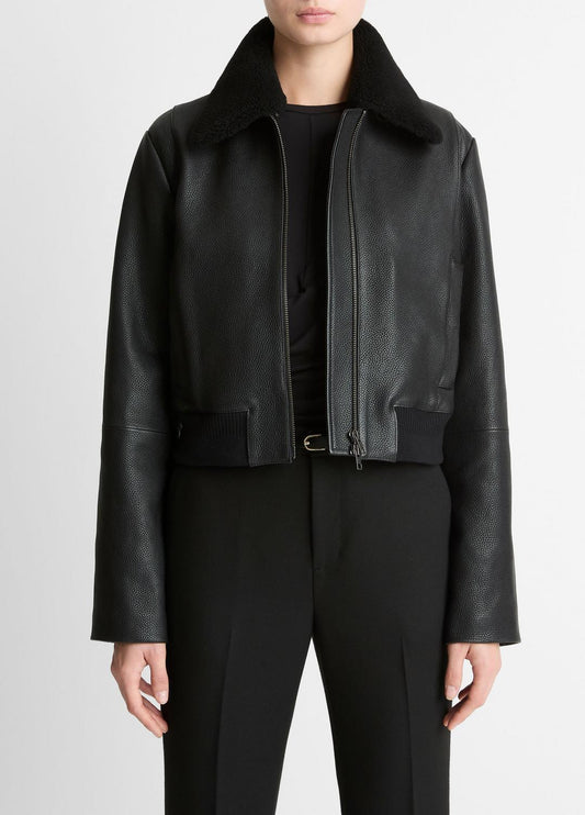 VINCE Shearling-Trim Shrunken Leather Jacket in Leather Jackets