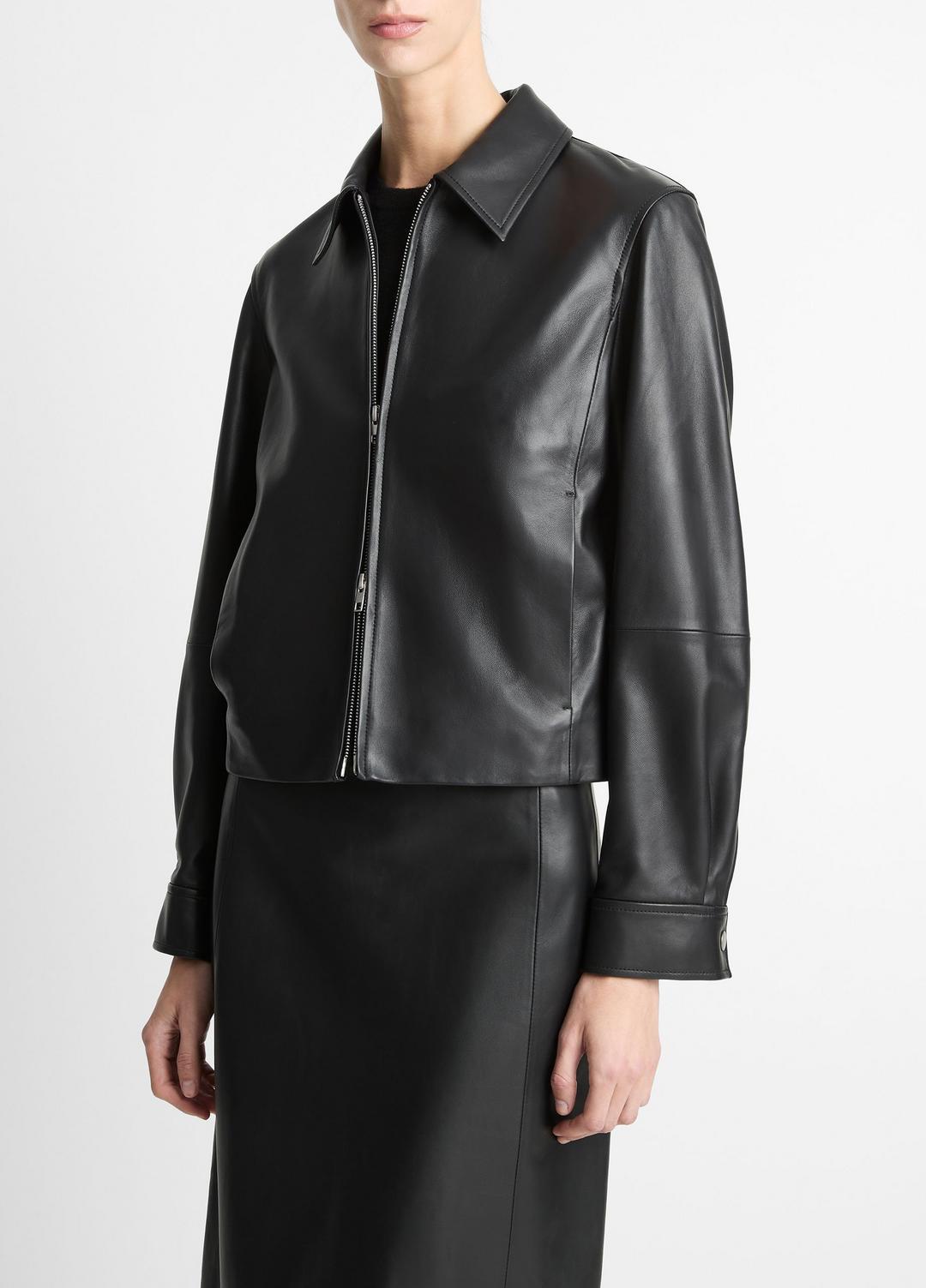 VINCE Leather Cropped Zip-Front Jacket in Jackets