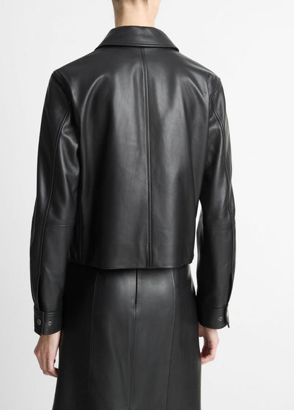 VINCE Leather Cropped Zip-Front Jacket in Jackets