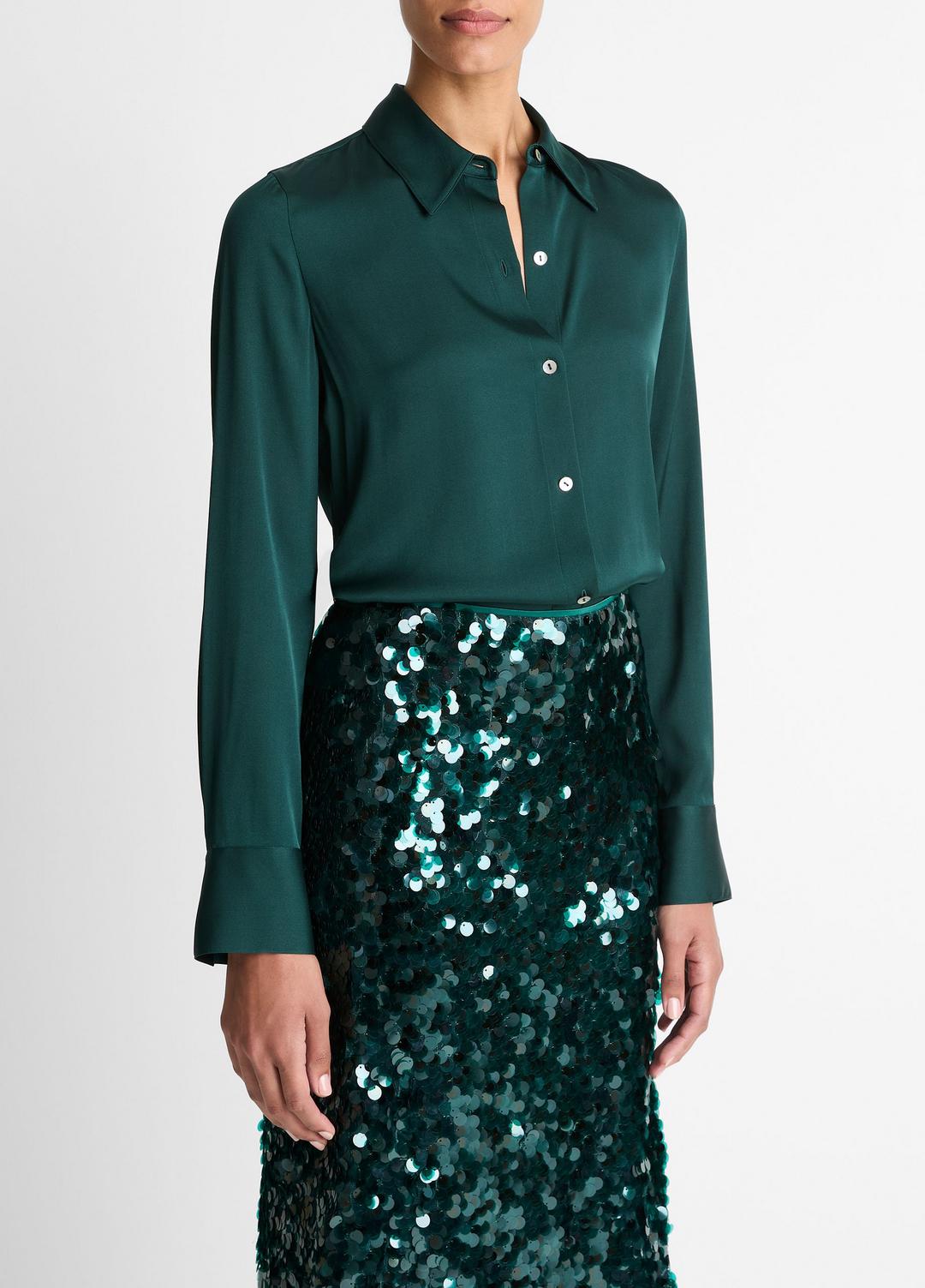 VINCE Silk-Blend Slim Button-Front Blouse in Long Sleeve