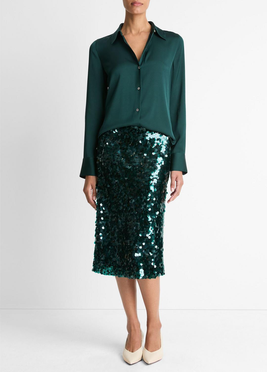 VINCE Silk-Blend Slim Button-Front Blouse in Long Sleeve