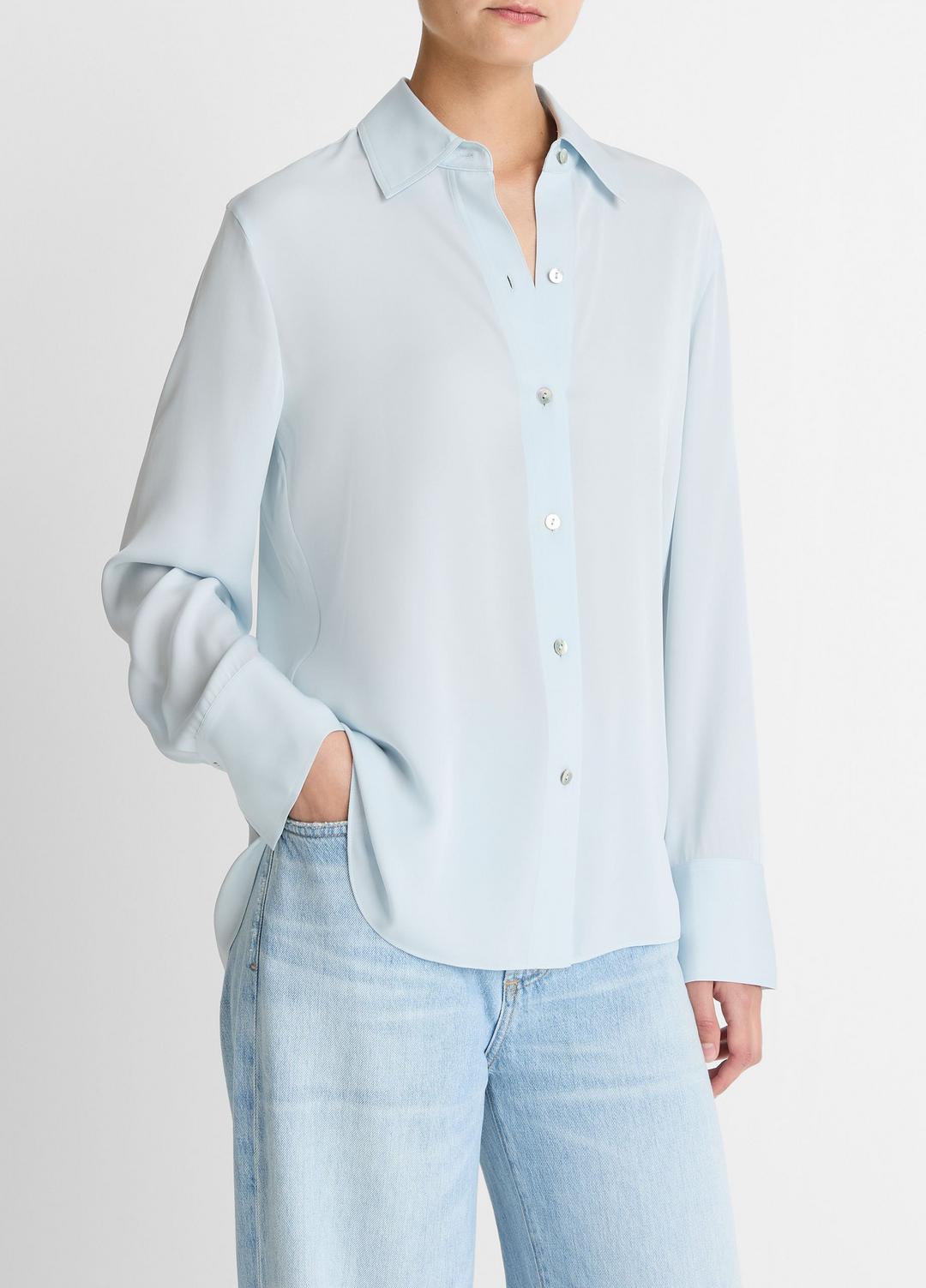 VINCE Stretch-Silk Button-Front Blouse in Long Sleeve