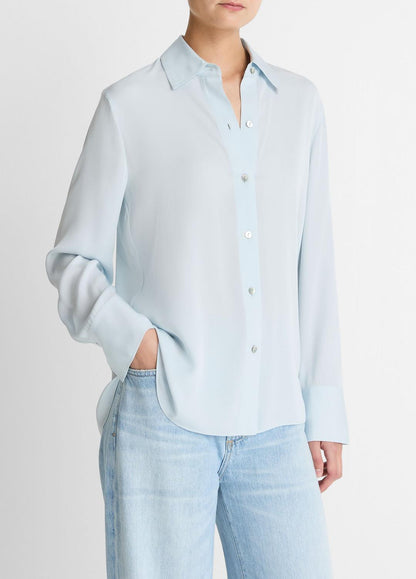 VINCE Stretch-Silk Button-Front Blouse in Long Sleeve