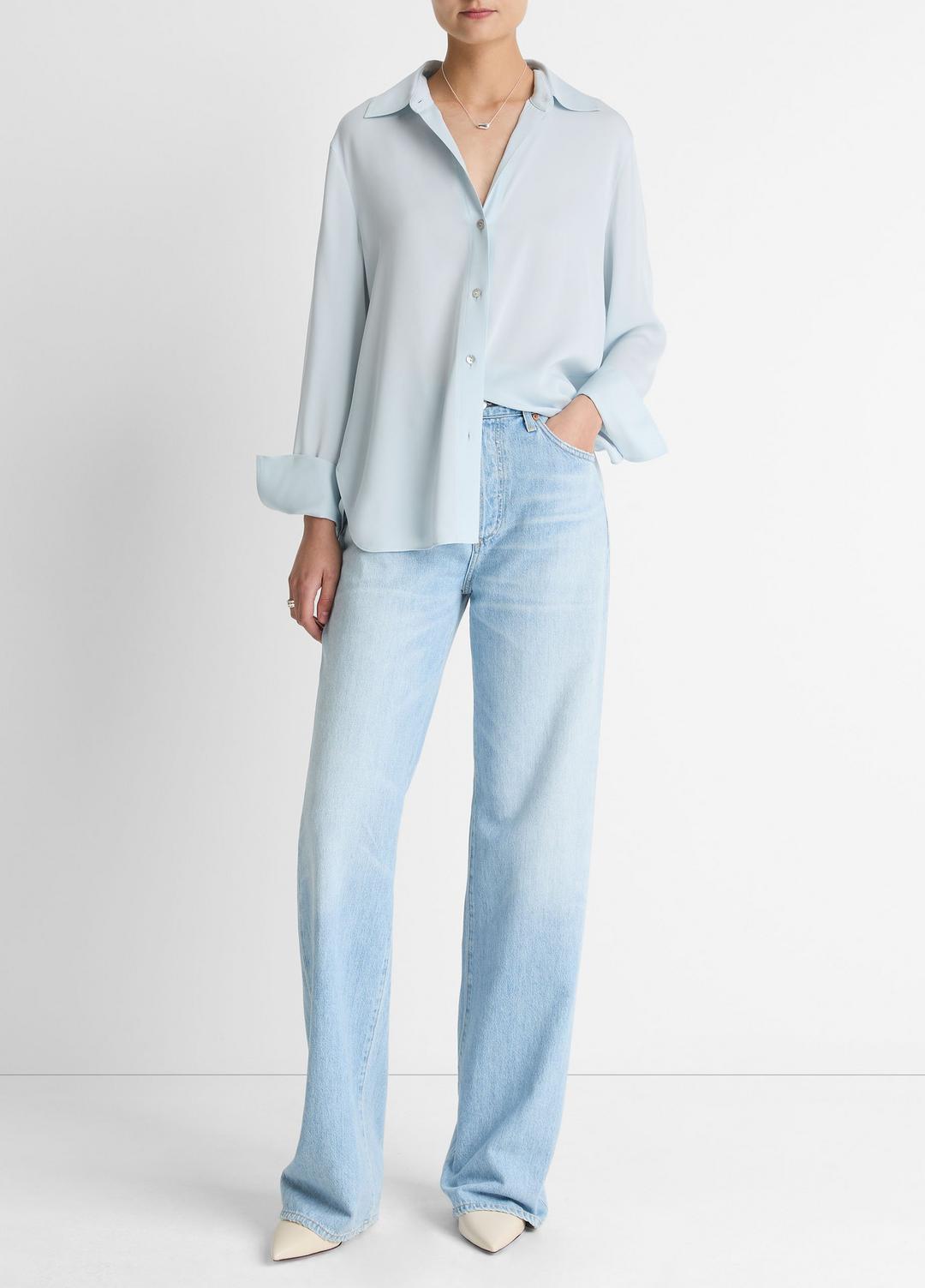 VINCE Stretch-Silk Button-Front Blouse in Long Sleeve