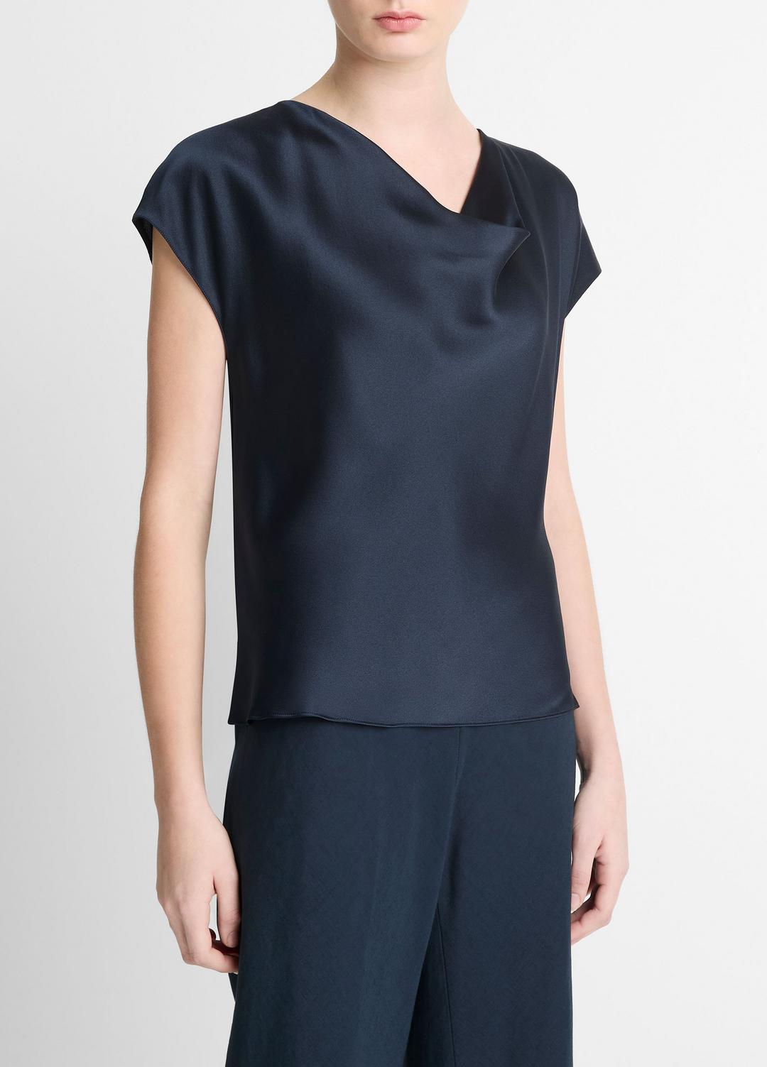 VINCE Silk Cowl-Neck Blouse in Short Sleeve