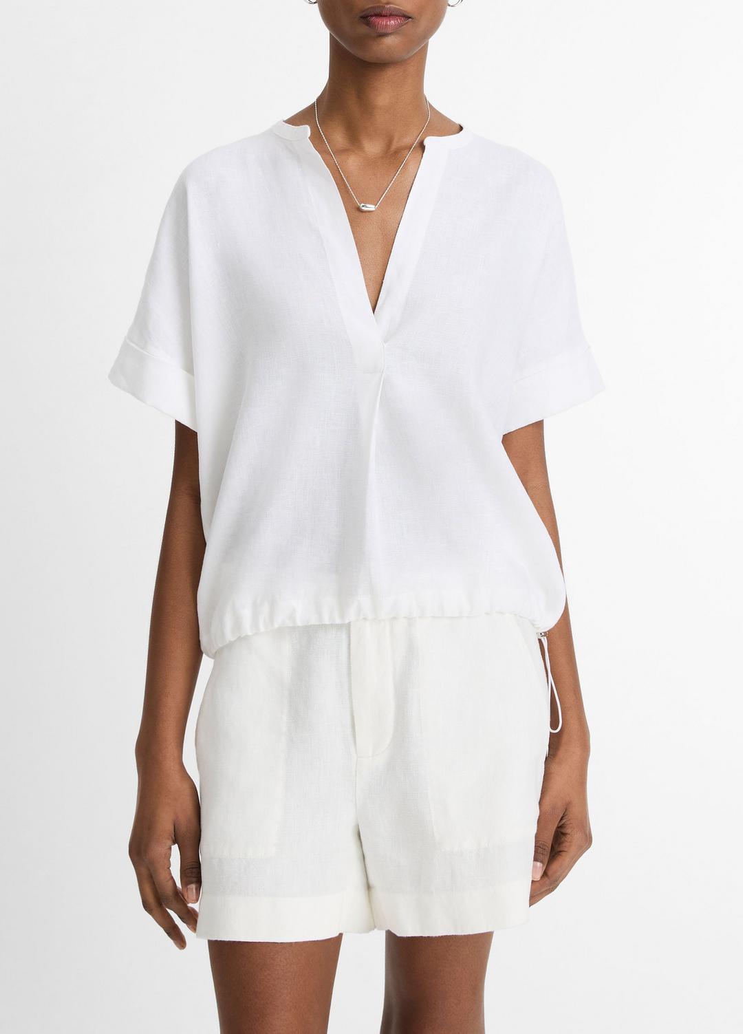 VINCE Linen Drawcord-Hem Blouse in Short Sleeve