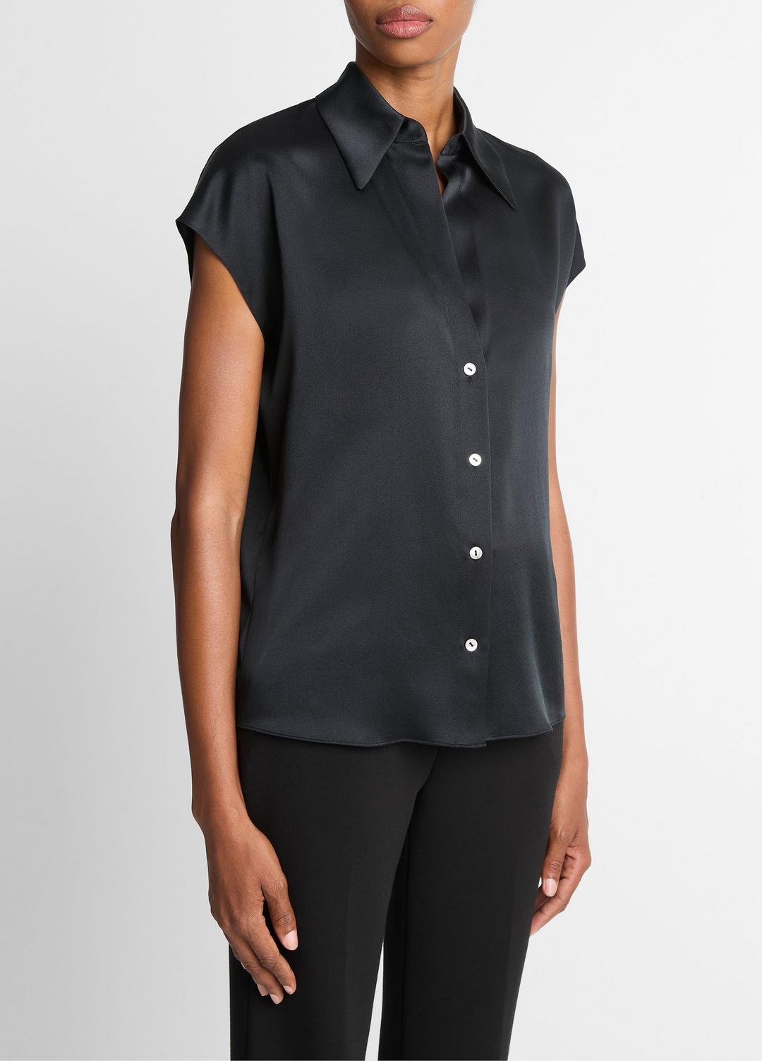 VINCE Silk Cap-Sleeve Ruched-Back Blouse in Short Sleeve
