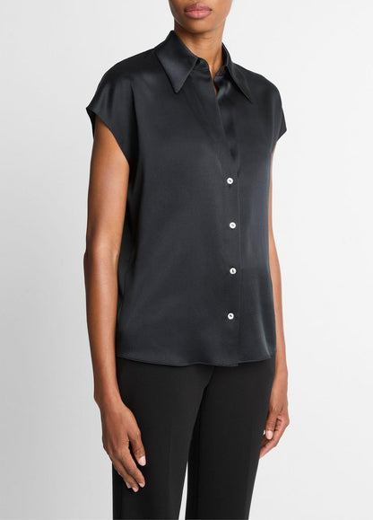 VINCE Silk Cap-Sleeve Ruched-Back Blouse in Short Sleeve