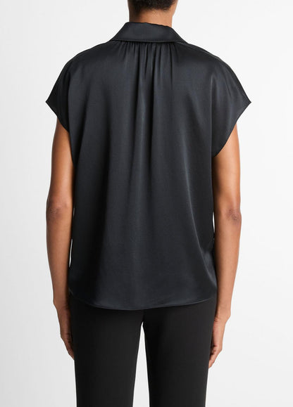 VINCE Silk Cap-Sleeve Ruched-Back Blouse in Short Sleeve