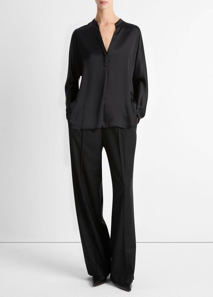 VINCE Silk Satin Band-Collar Blouse in Long Sleeve