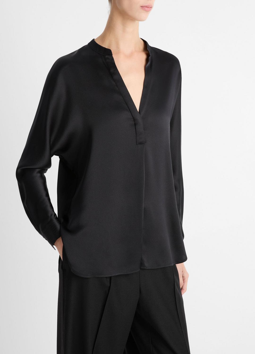 VINCE Silk Satin Band-Collar Blouse in Long Sleeve