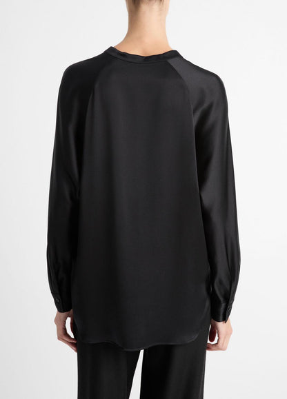 VINCE Silk Satin Band-Collar Blouse in Long Sleeve
