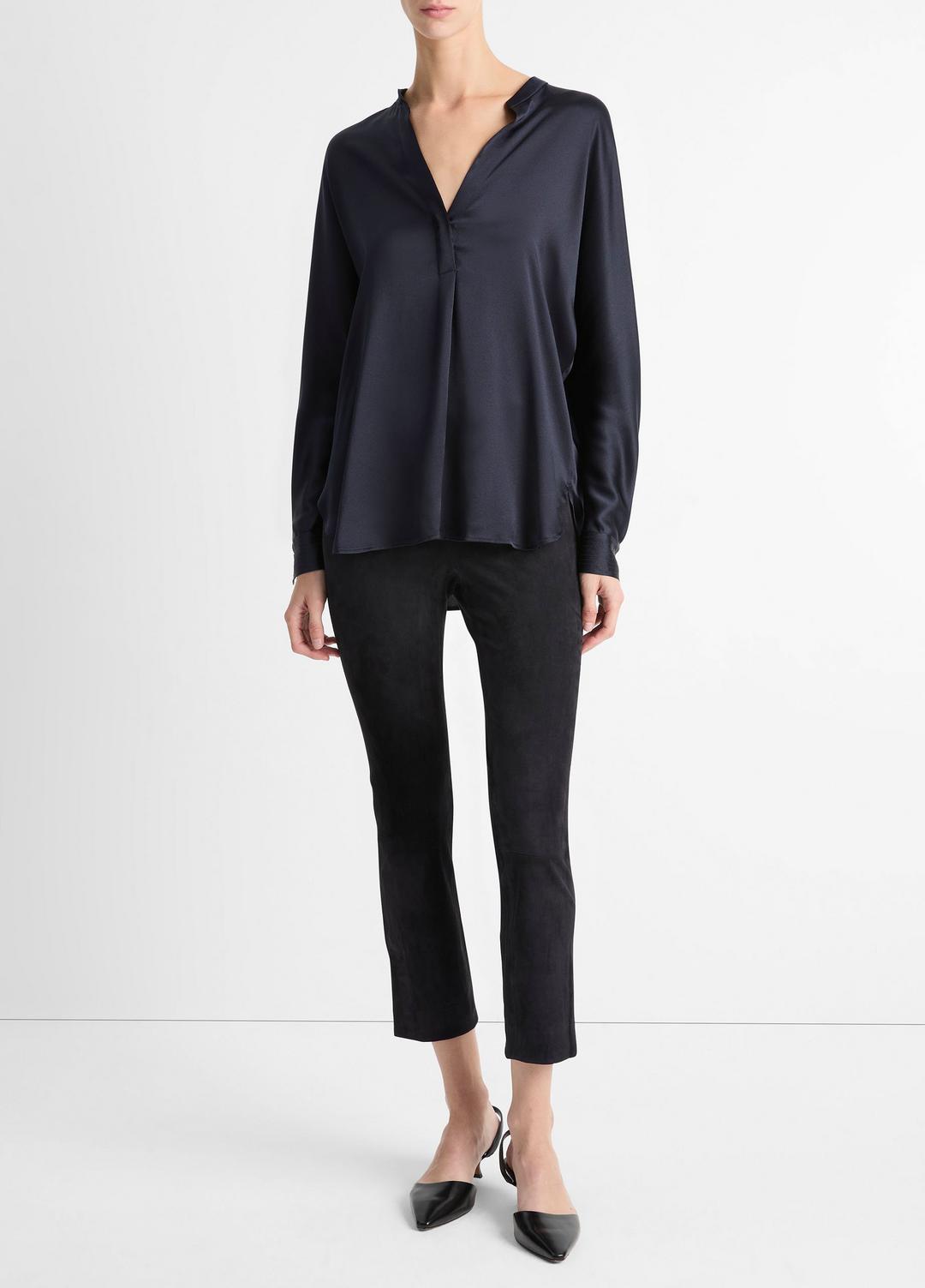 VINCE Silk Satin Band-Collar Blouse in Long Sleeve