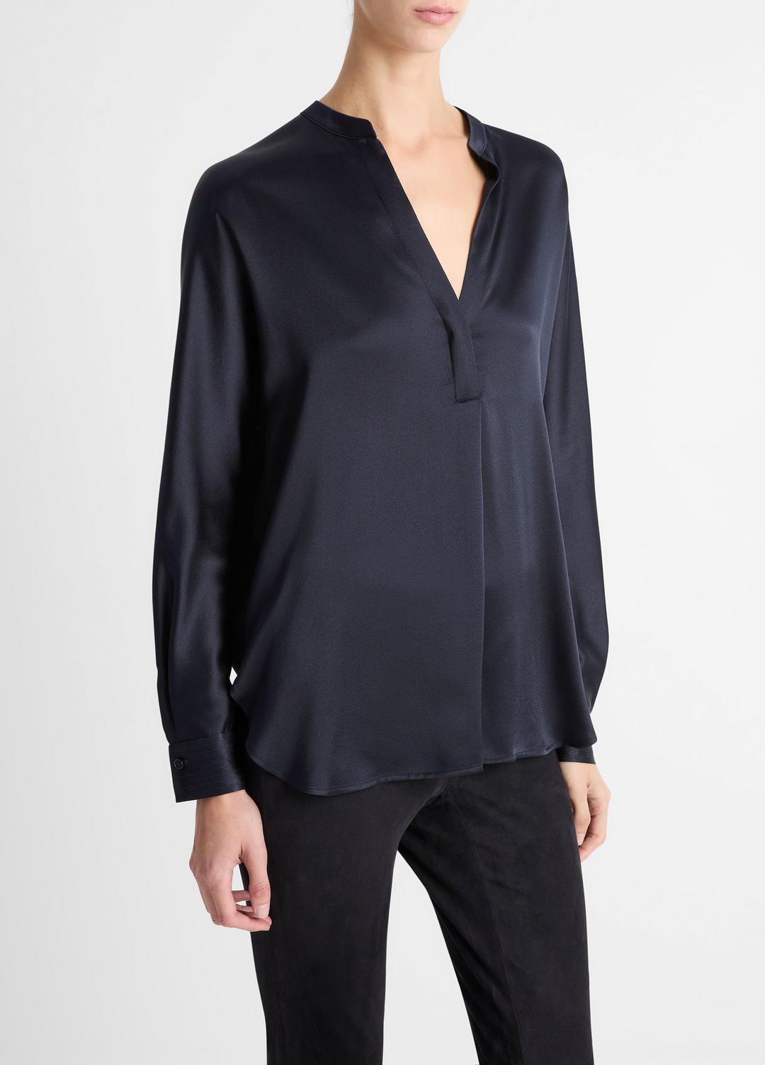 VINCE Silk Satin Band-Collar Blouse in Long Sleeve