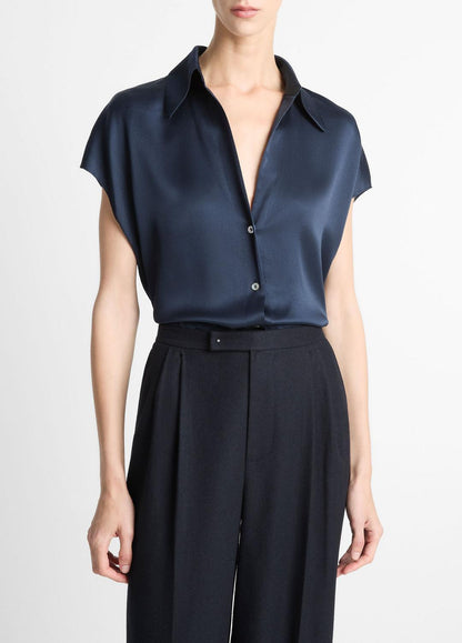 VINCE Silk Cap-Sleeve Ruched-Back Blouse in Short Sleeve