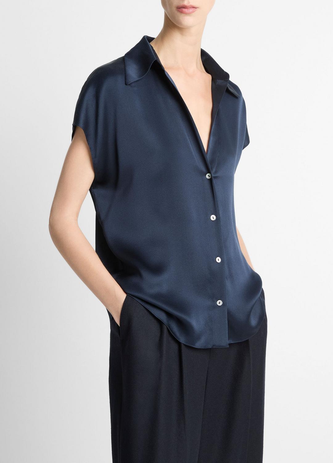 VINCE Silk Cap-Sleeve Ruched-Back Blouse in Short Sleeve
