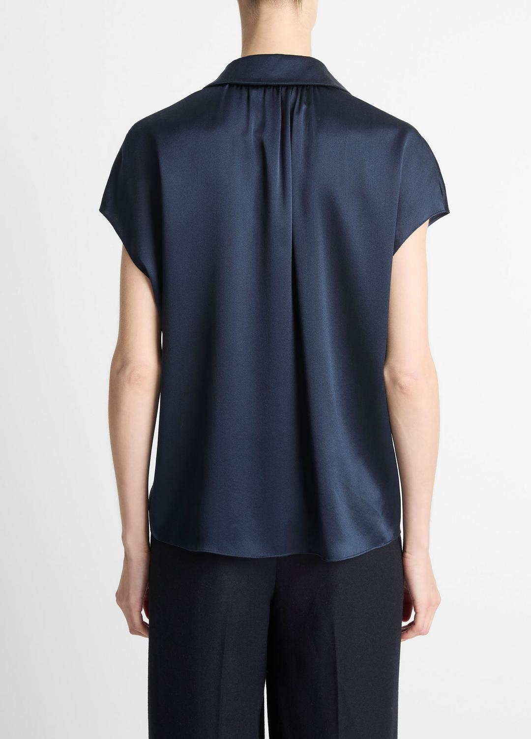 VINCE Silk Cap-Sleeve Ruched-Back Blouse in Short Sleeve