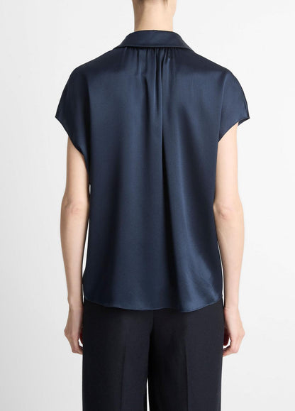 VINCE Silk Cap-Sleeve Ruched-Back Blouse in Short Sleeve