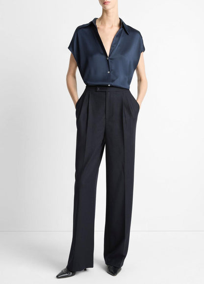 VINCE Silk Cap-Sleeve Ruched-Back Blouse in Short Sleeve