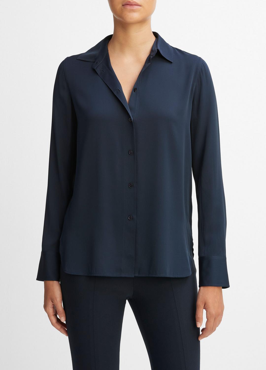 VINCE Slim Fitted Stretch-Silk Blouse in Long Sleeve
