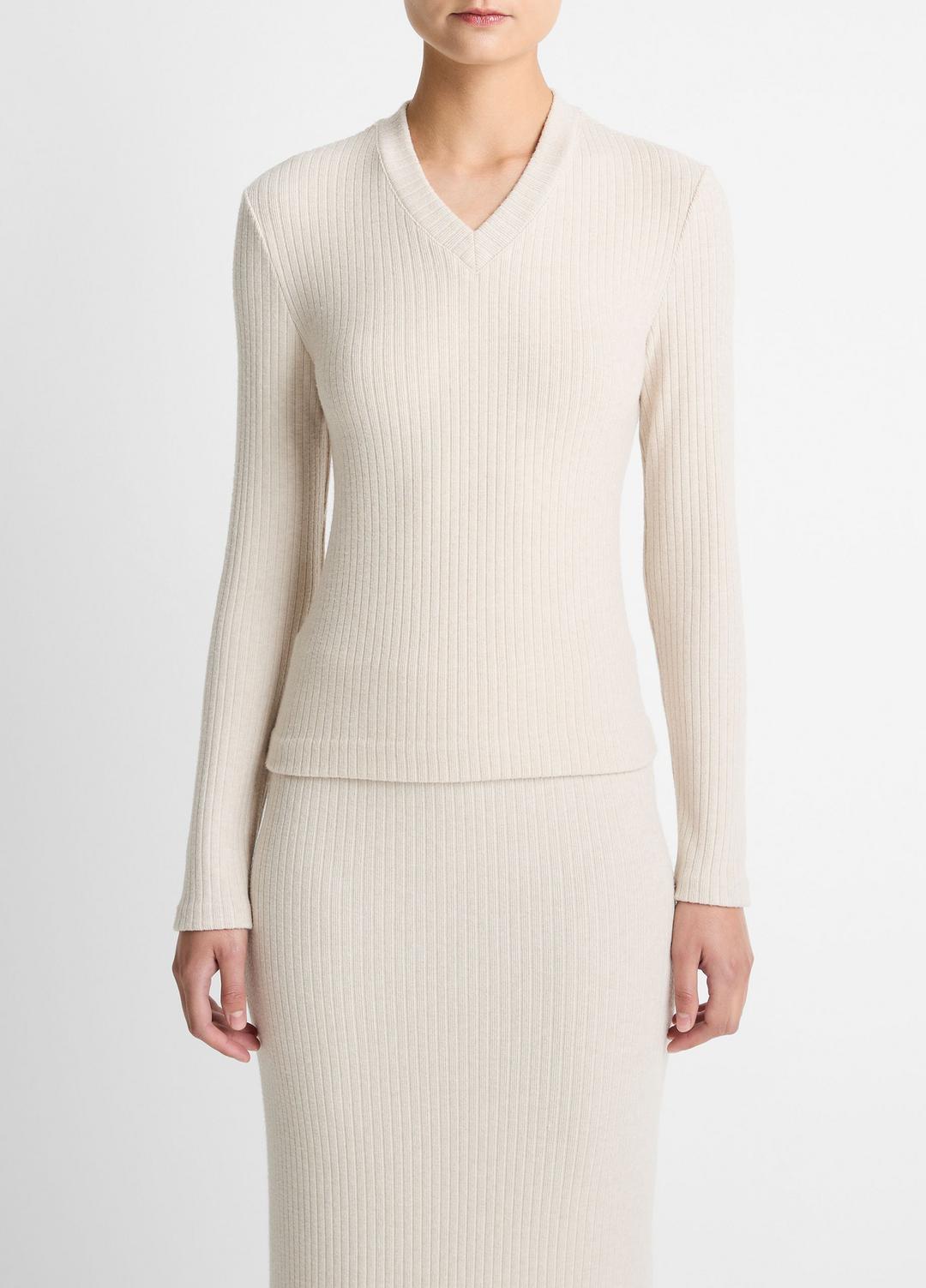 VINCE Cozy Rib High V-Neck Top in Long Sleeve