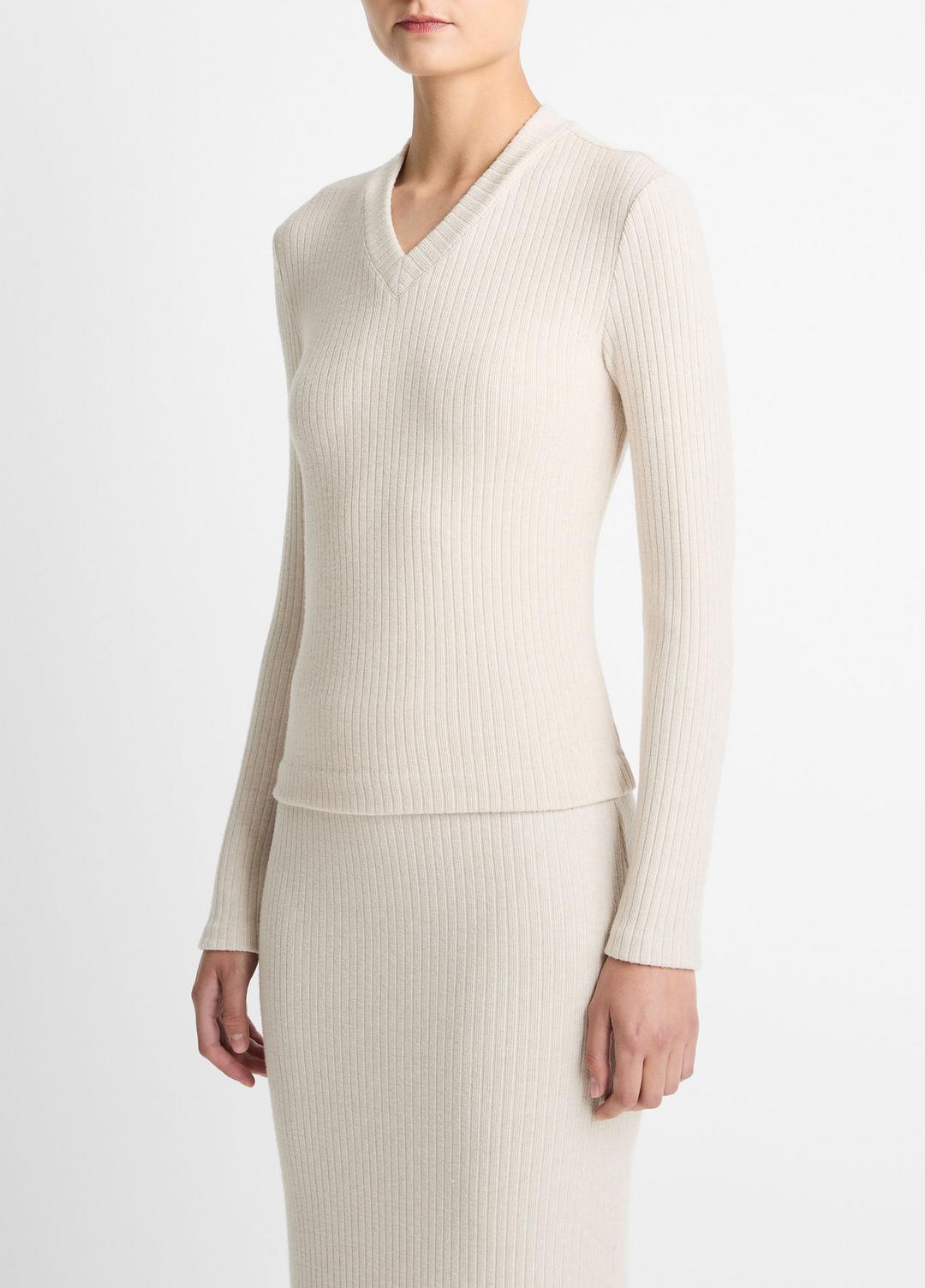 VINCE Cozy Rib High V-Neck Top in Long Sleeve
