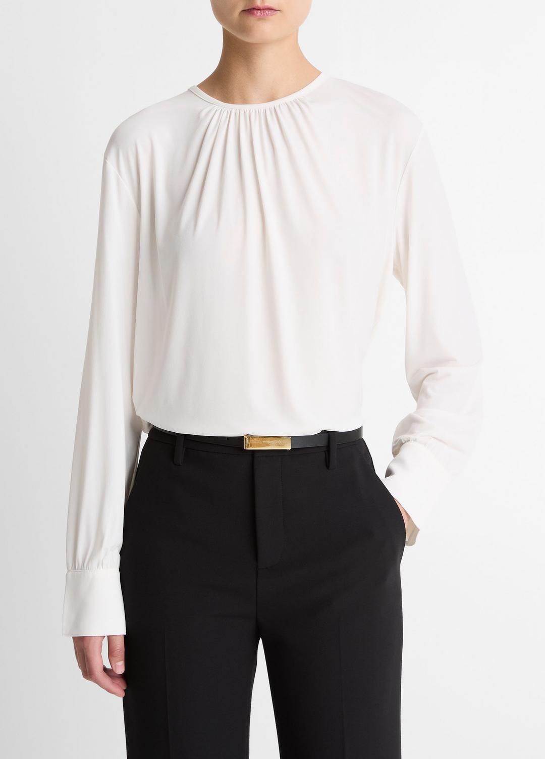 VINCE Matte Jersey Gathered Blouse in Long Sleeve