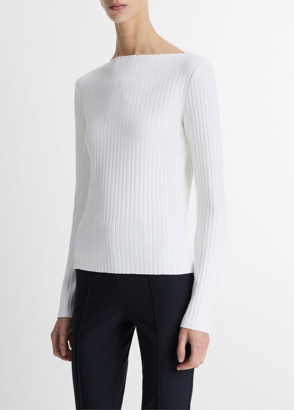 VINCE Ribbed Cotton-Blend Slash-Neck Long-Sleeve Top in Long Sleeve