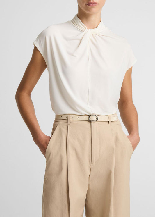 VINCE Twist-Neck Matte Jersey Cap-Sleeve Top  in Short Sleeve