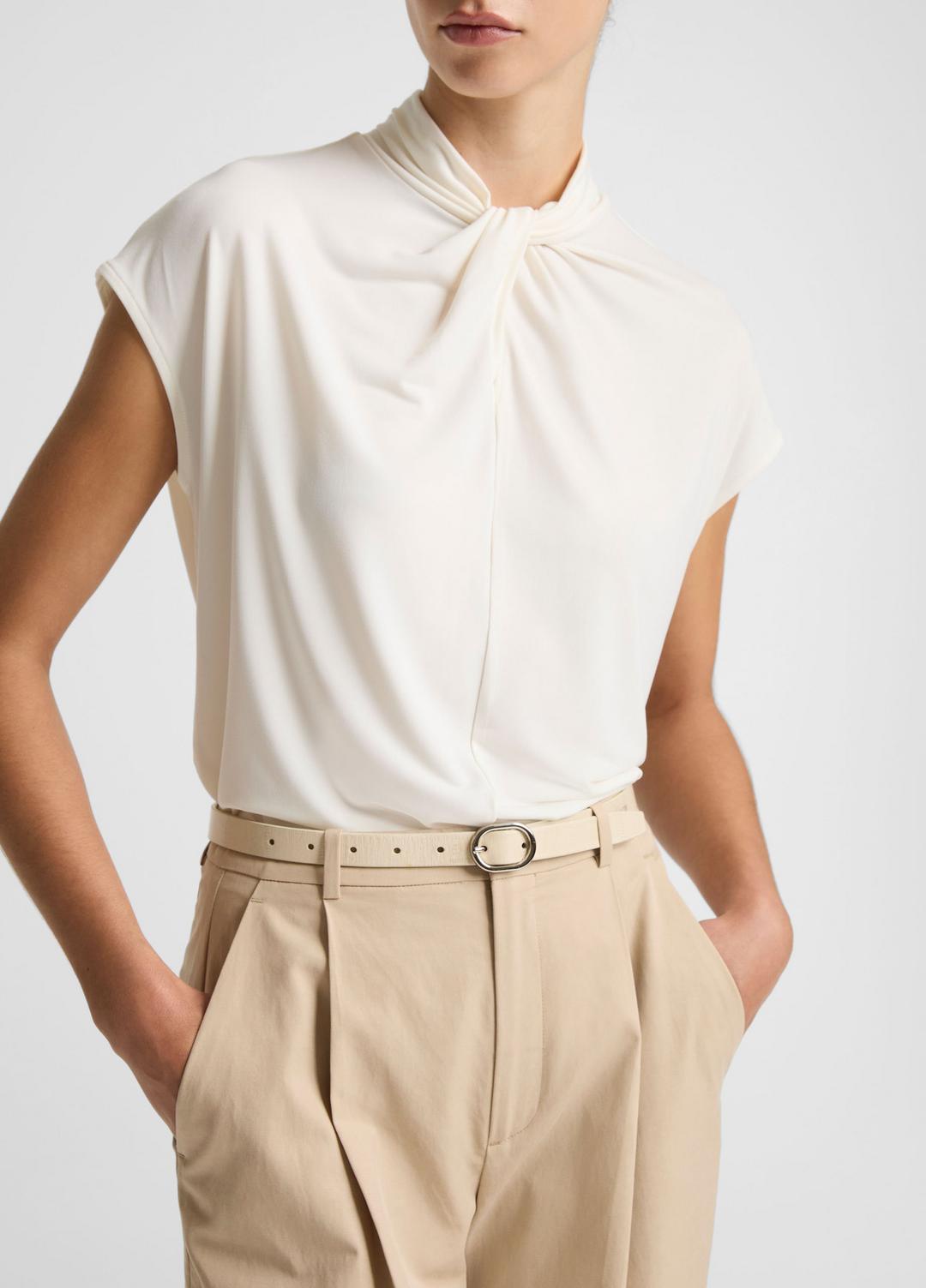VINCE Twist-Neck Matte Jersey Cap-Sleeve Top  in Short Sleeve