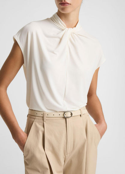 VINCE Twist-Neck Matte Jersey Cap-Sleeve Top  in Short Sleeve